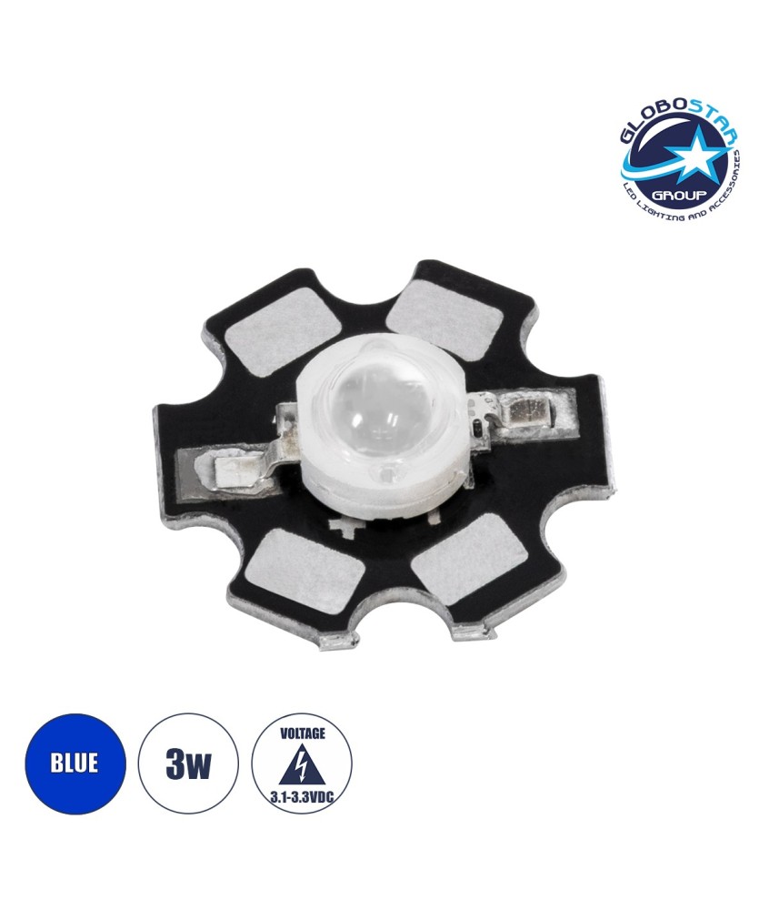GloboStar® 73753 High Power Star LED - Υψηλής Ισχύος Star LED 3W DC 3.2V Μπλε Φ2 x Υ0.6cm - 2 Χρόνια Εγγύηση